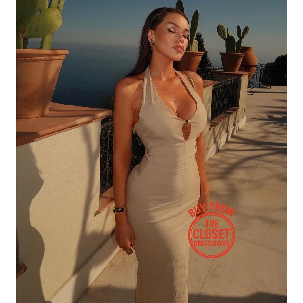 Zara Taupe Halter Bodycon Midi Dress Cut Out Stretch Fitted Evening NWT Size L - Picture 12 of 16